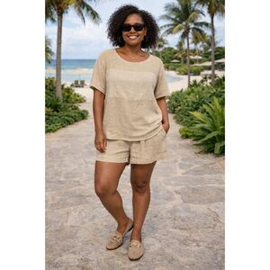 VTG W's M Linen Blend Beige  Short Sleeve Top/short Vacation Lagenlook Short Set